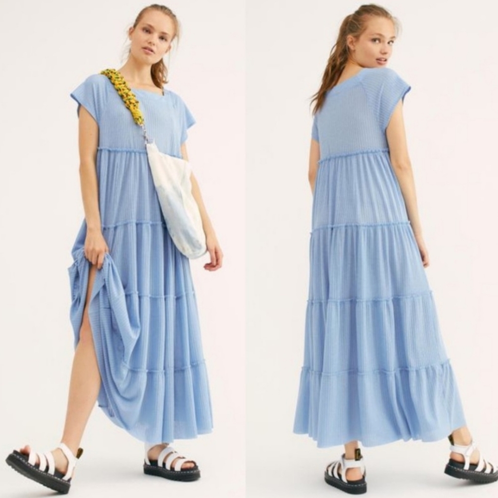 FREE PEOPLE Saltwater Tiered Beachy Square Neckline Maxi Dress in Sky Bl…